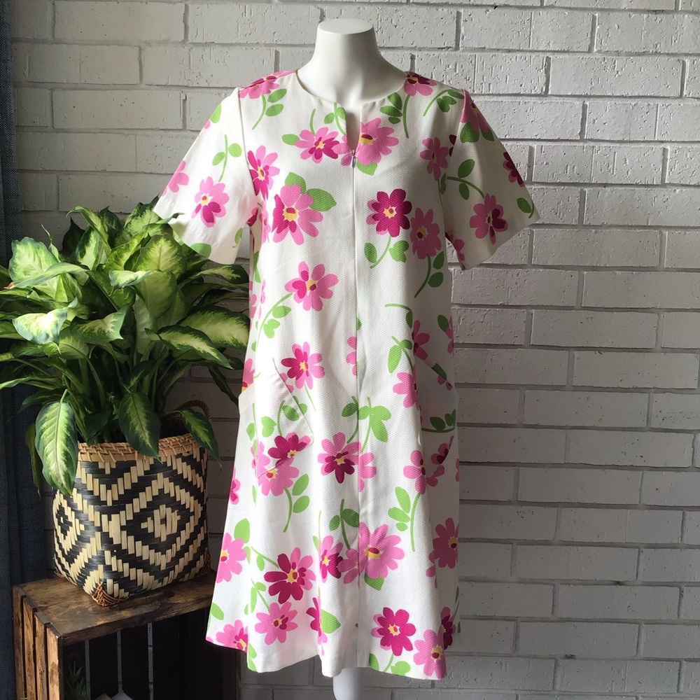 Vintage Mod Pink & White Floral Dress Front Zip Pockets Raza